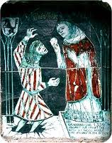 Stained glass depiction of Eucharistic Miracle in St. Oswald's Church, Seefeld, Austria